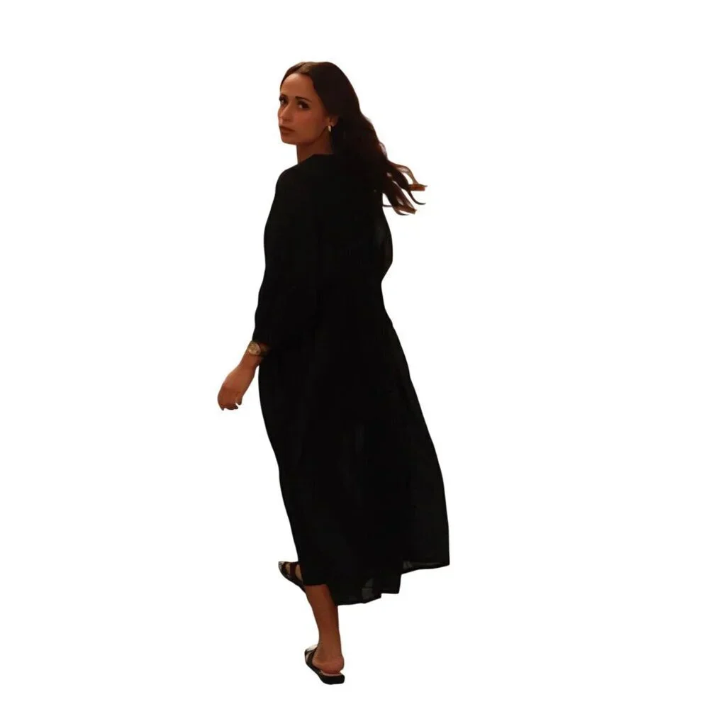 House Of Sandar Sara Midi Dress Black Oasis Flowy Puff Sleeve Tie Neck Size XXL